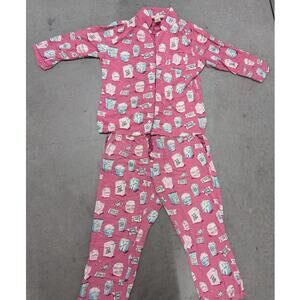 Munki Munki Pink Popcorn Print Pajama Set Long Sleeve Button Up Pants Loungewear